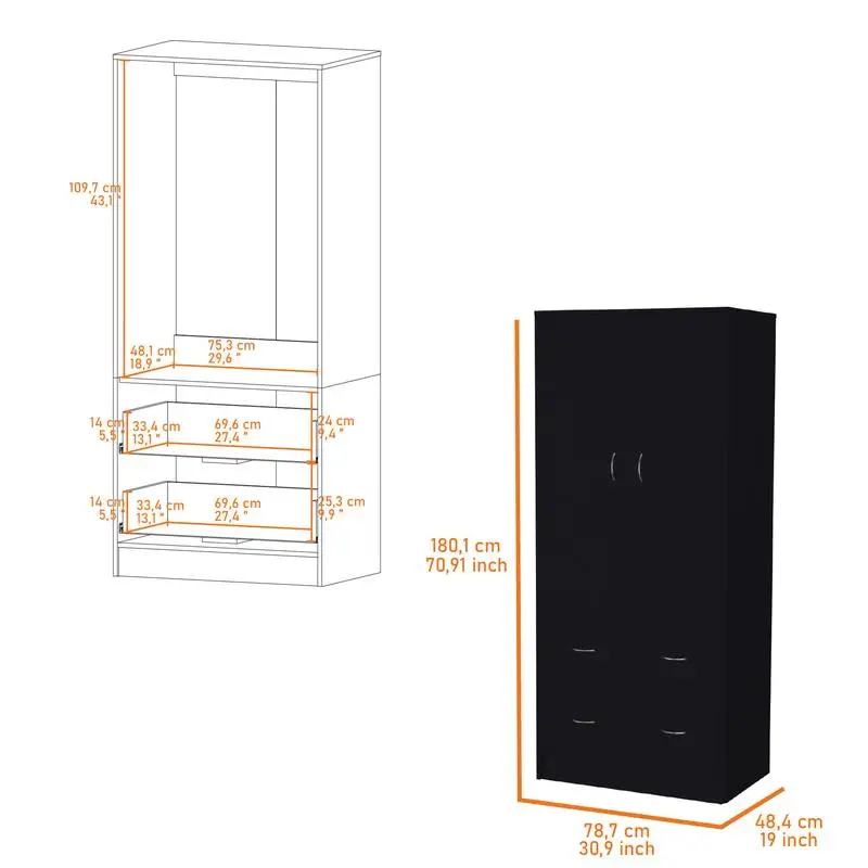 Wenden Wardrobe with 2 Drawers, 2 Doors, Ample Storage & Hanging Rod, Black Finish