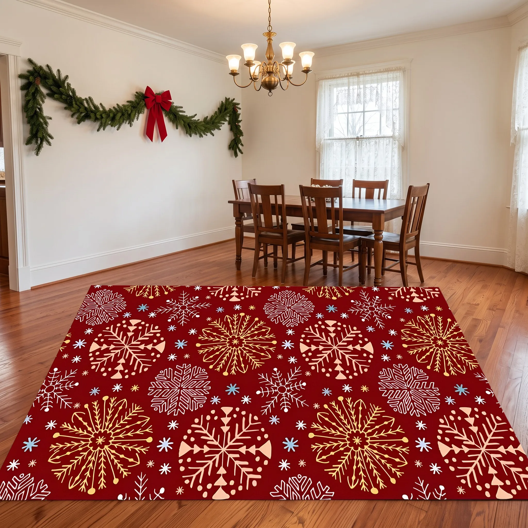 A Retro-Style, Light Luxury Christmas Velvet Rug with a Red Background and Gold Snowflake Pattern, Perfect for the Entryway, Living Room, Bedroom, and Bedside, Creating a Warm Autumn/Winter Atmosphere