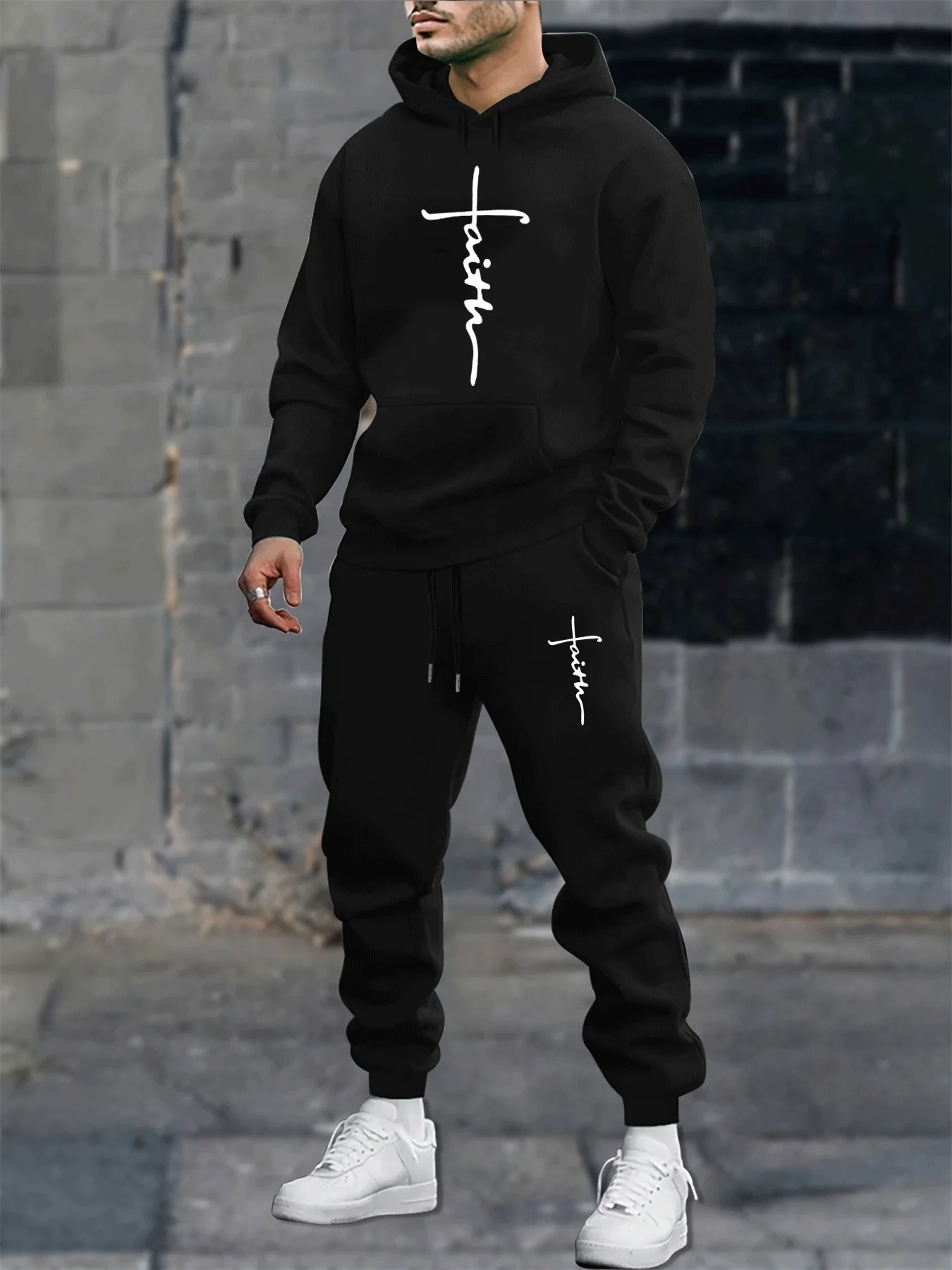Men's autumn and winter casual fashion warm cross faith pattern print loose plush thick hooded sweatshirt+sweatpants set