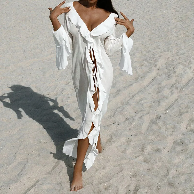 

2026 Summer Beach Vacation Long Sleeve Ruffled Trim Maxi Dress Women Sexy Sheer Swimwear Bikini Up Casual Flowy Beachwear Dress