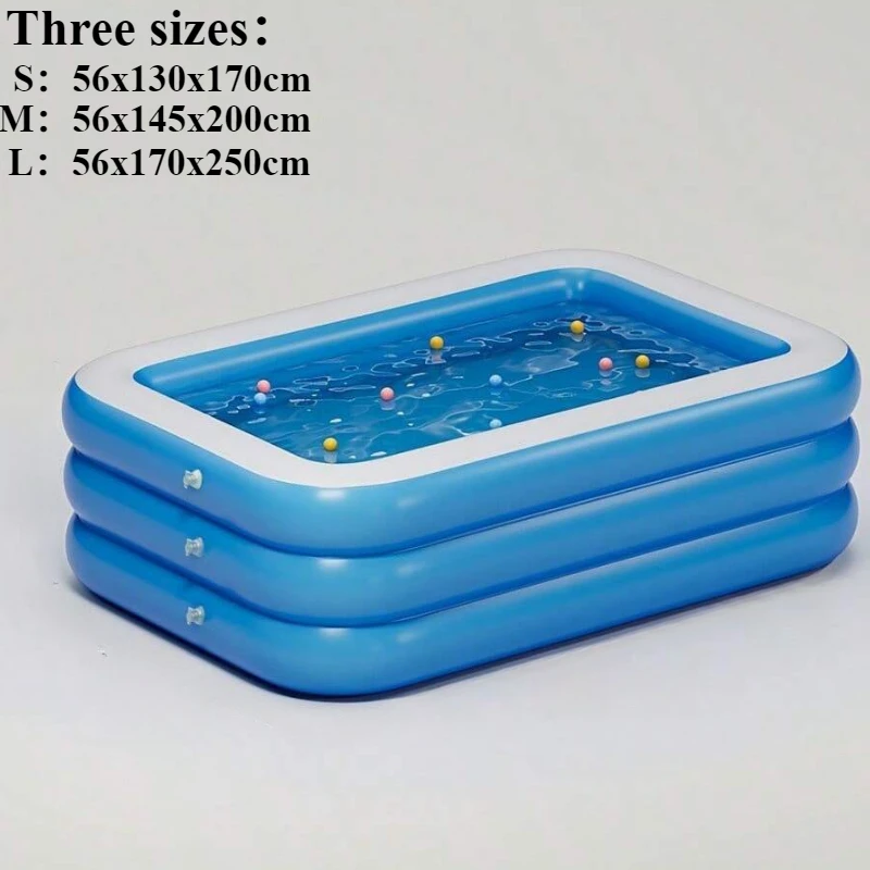 Piscina inflável familiar quadrada de fundo único elevada e espessada com três anéis, azul e branco, grandes piscinas domésticas