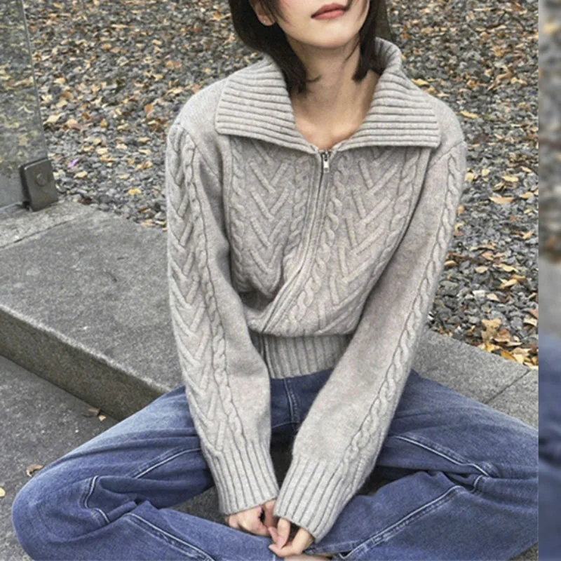 

Vintage Sweater Women Zip Polo Neck Casual Warm Winter Clothes Women 2023 Knitted Crochet Sweater Korean Fashion Cardigan Female