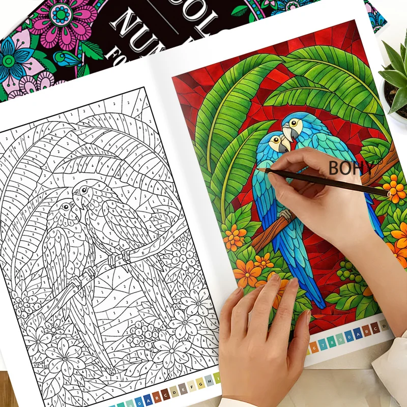 Coloring Book for Adults Themed with Animals/flowers/mandalas Complete Coloring Through Corresponding Numerical Prompts 32 Pages