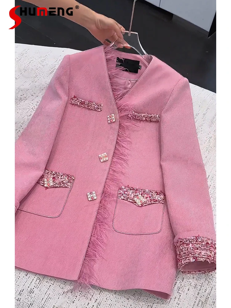 

Female 2024 Autumn and Winter New Pink Blends High-end Small Fragrant Chic Blends Beautiful Fashion Medium and Long Tassels Coat