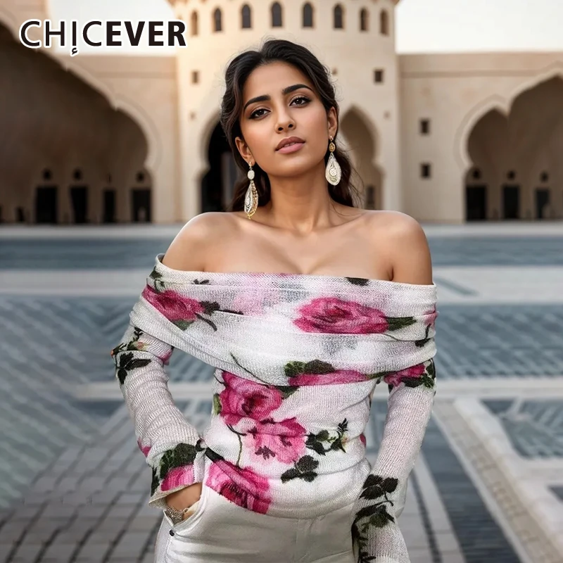 

CHICEVER Floral Prinitng Knitting T Shirts For Women Slash Neck Long Sleeve Backless Temperament Elegant Slimming T Shirt Female