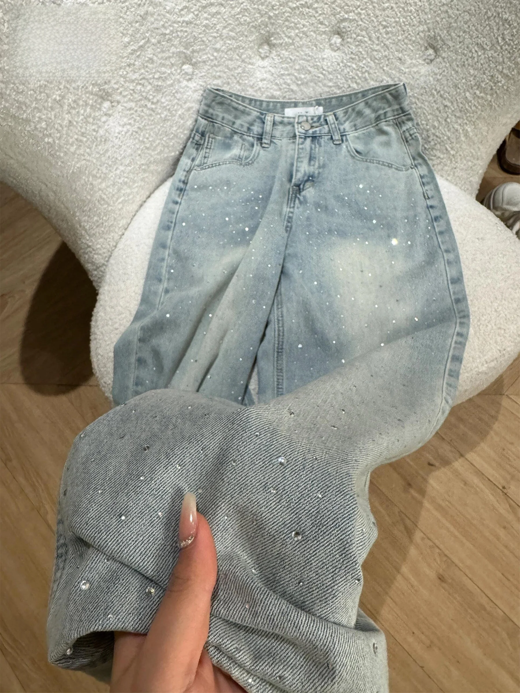 

High Waist Wide Leg Denim Jeans Women's Summer Loose Shiny Straight Long Pants Star Embroidery Light Blue Casual American Style