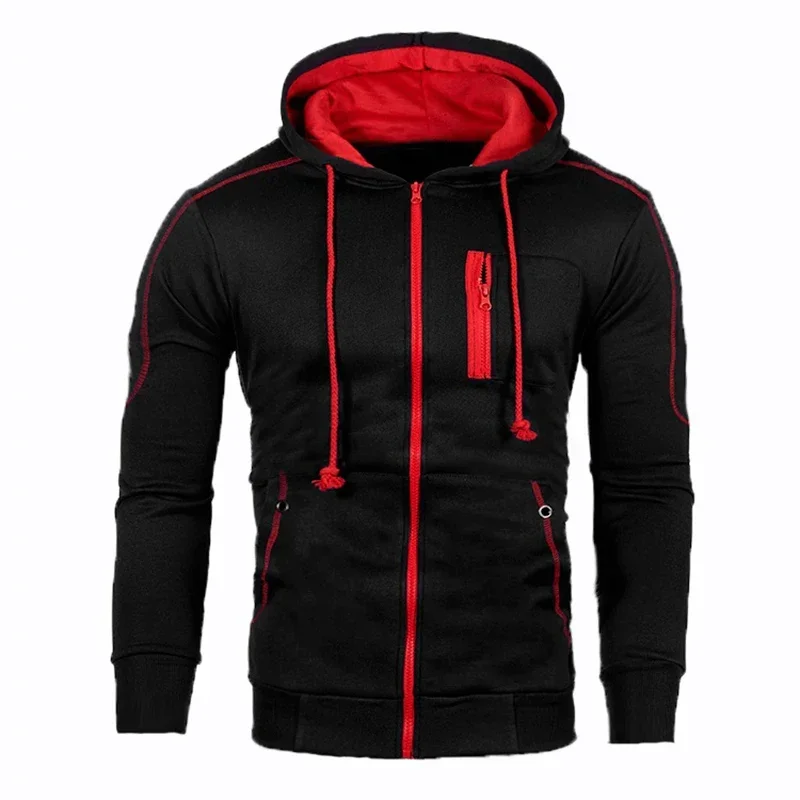 

2024 Spring New Fashion Men's Solid Color Hoodies Long Sleeve Zipper Design Hooded Coat Hoodies Hat Collar Male Sweatshirt Cloth