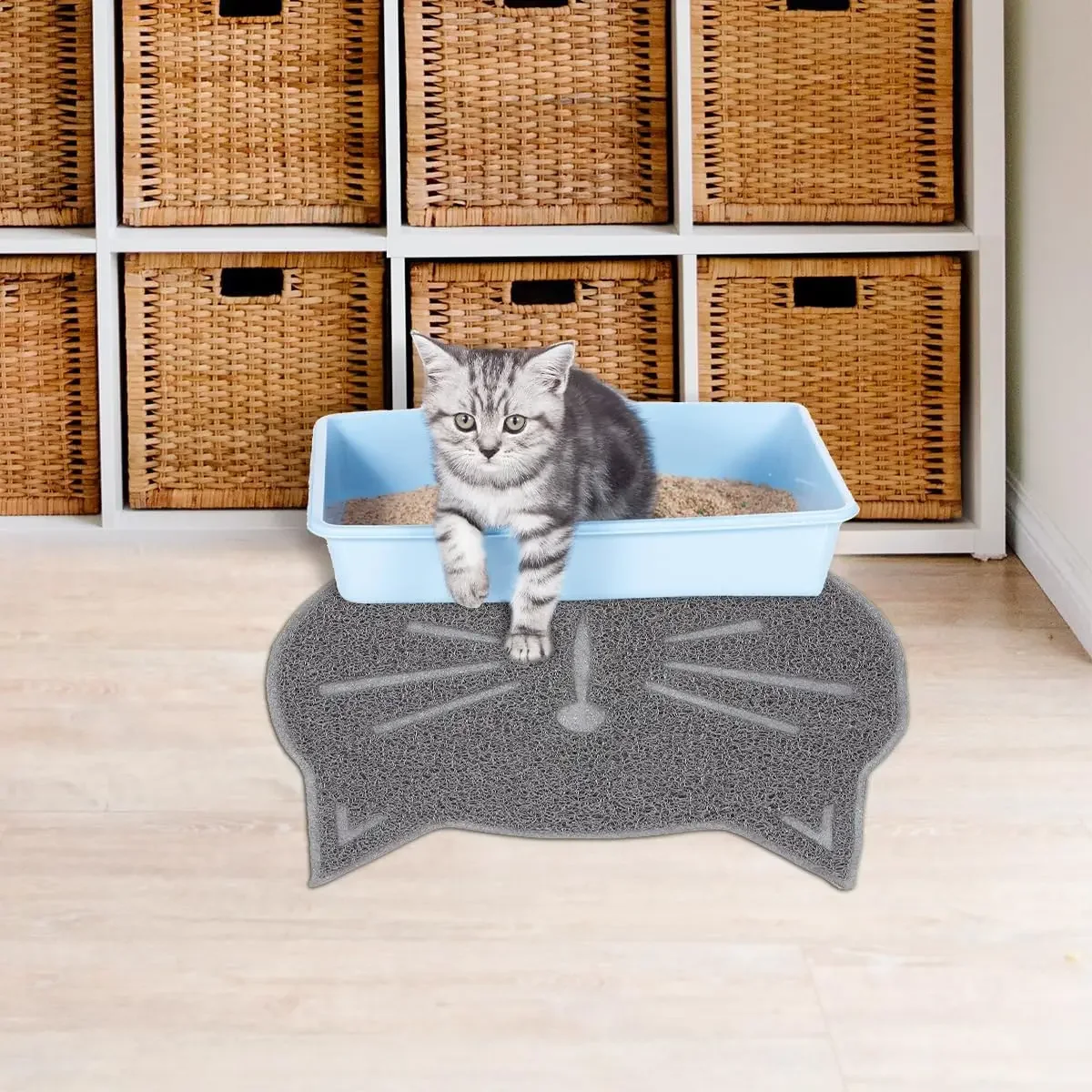 Washable Cat Litter Mat with Scatter Control, Cat Shape, Easy Clean, Large Litter Box, Grey