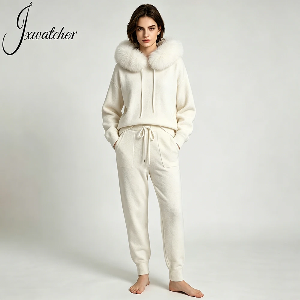 Jxwatcher Women's Sweaters and Pullovers Big Real Fox Fur Collar Knit Hooded Tops and Pants Set Spring and Fall Female Clothing