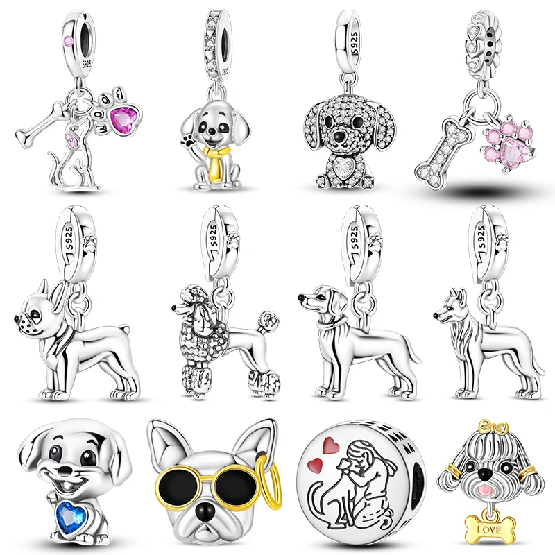 Pet Lover Dog Puppy Charms Bead 925 Sterling Silver Paw Bone Shape CZ Zircon Charm For Women Bracelet DIY Birthday Jewelry Gift