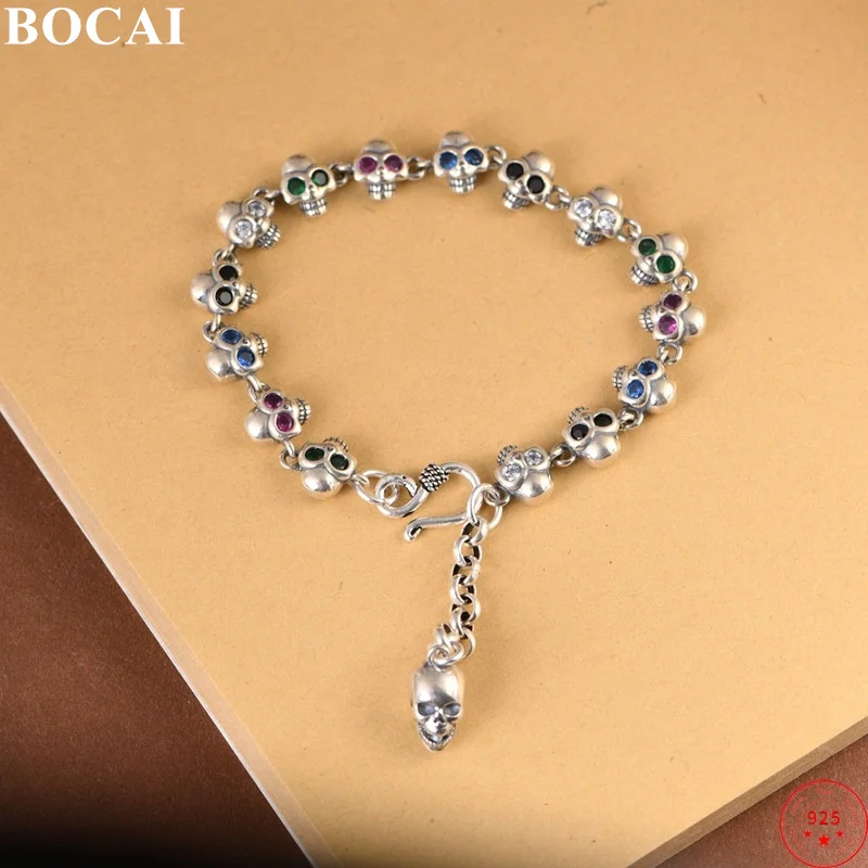 

BOCAI S925 Sterling Silver Bracelets for Women Men Retro Skull-head Inlaid Zircon Beaded-chain Bangle Fashion Jewelry Wholesale