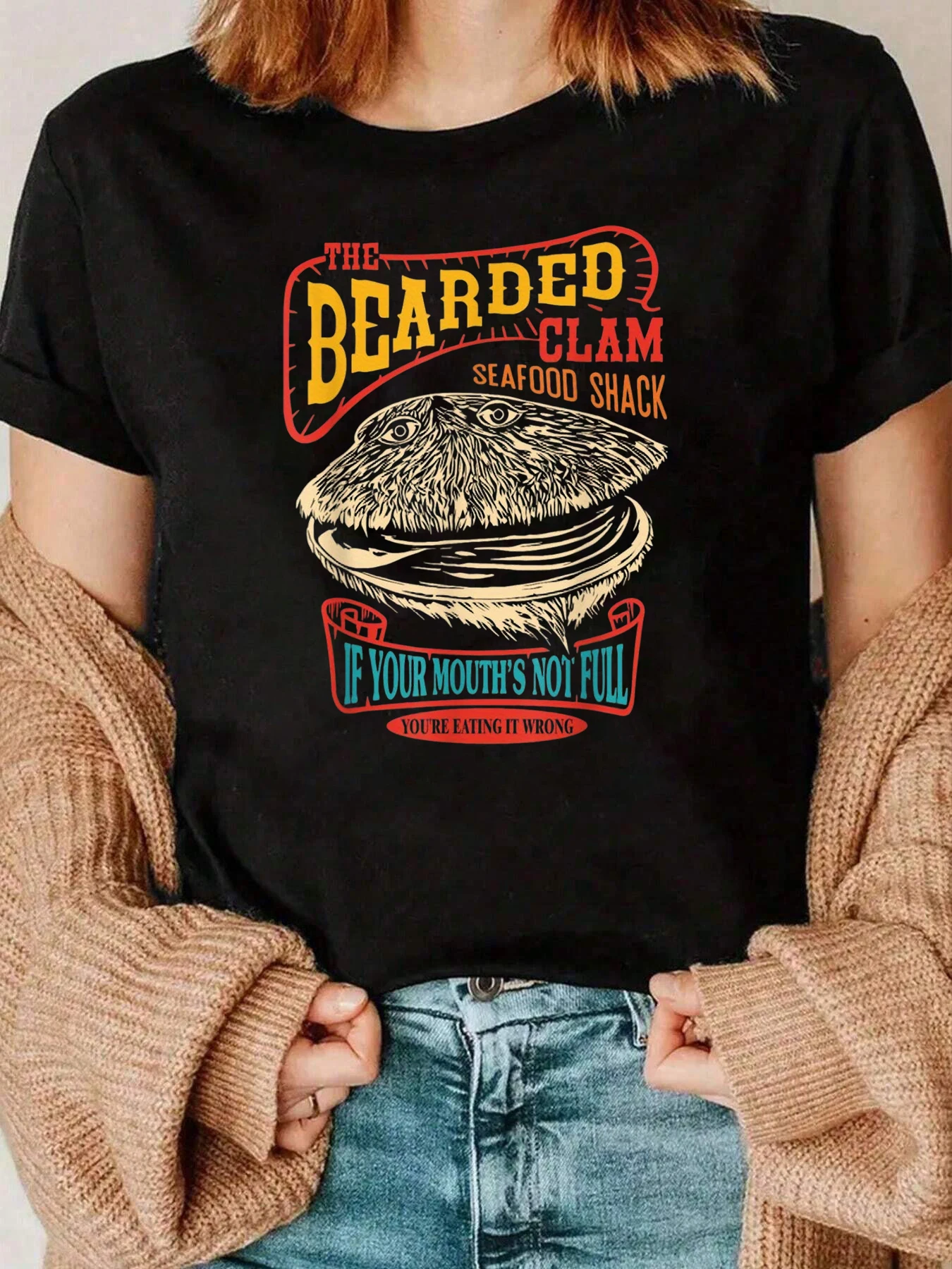 Bearded Clam Seafood Shack Graphic T Shirt Casual Wear For Women 220g