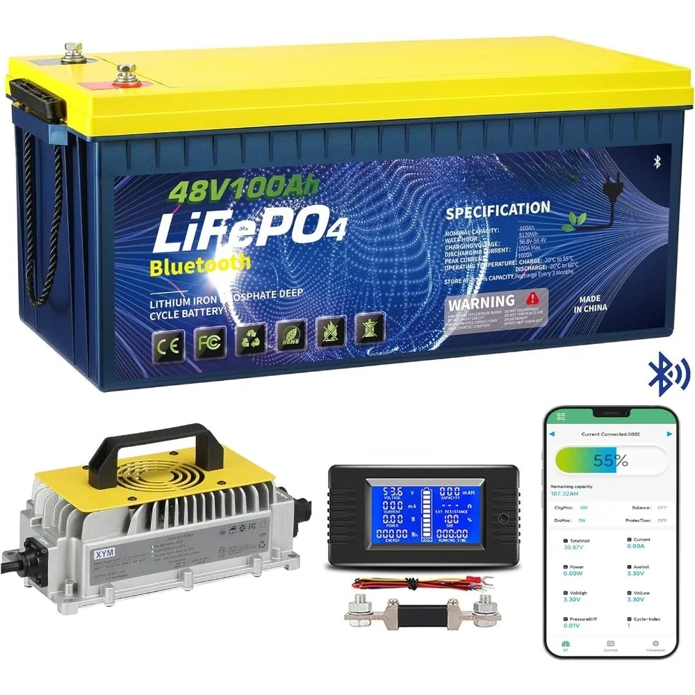 

48V 100AH Golf Cart Lifepo4 Battery with 48 volt 18A Lithium Charger, Prefect for RV Solar System