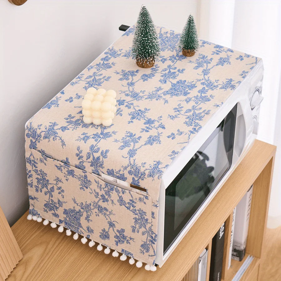 1pc Fresh Blue Floral Microwave Cover - Pom-Pom Trim Fabric Tablecloth with Double Pockets, All-Season Dustproof Kitchen Decor