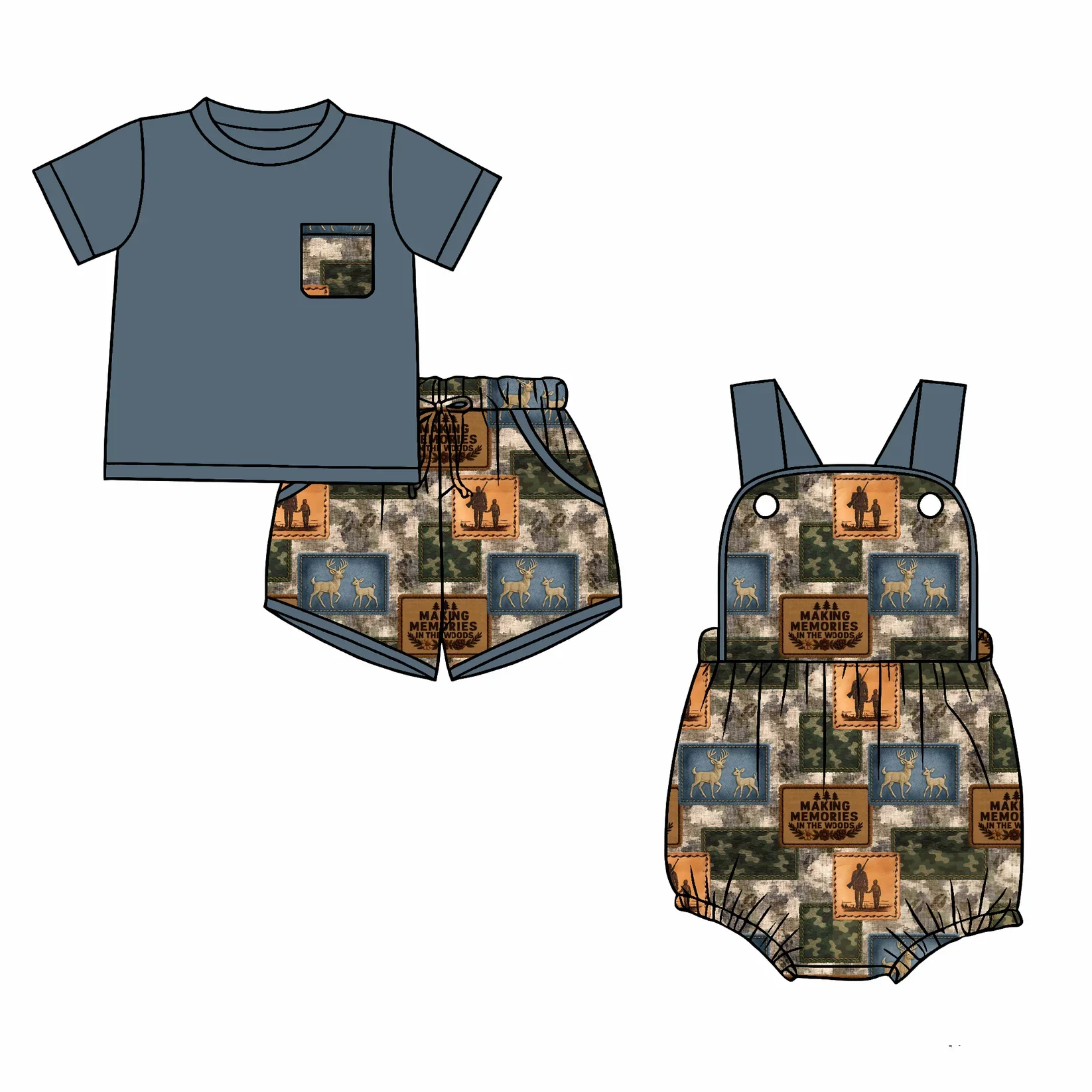 Children Hunting Camouflage Print Easter Shorts Outfits Baby Boy Bubble Romper Brother Matches Kids Western Clothing - view 3