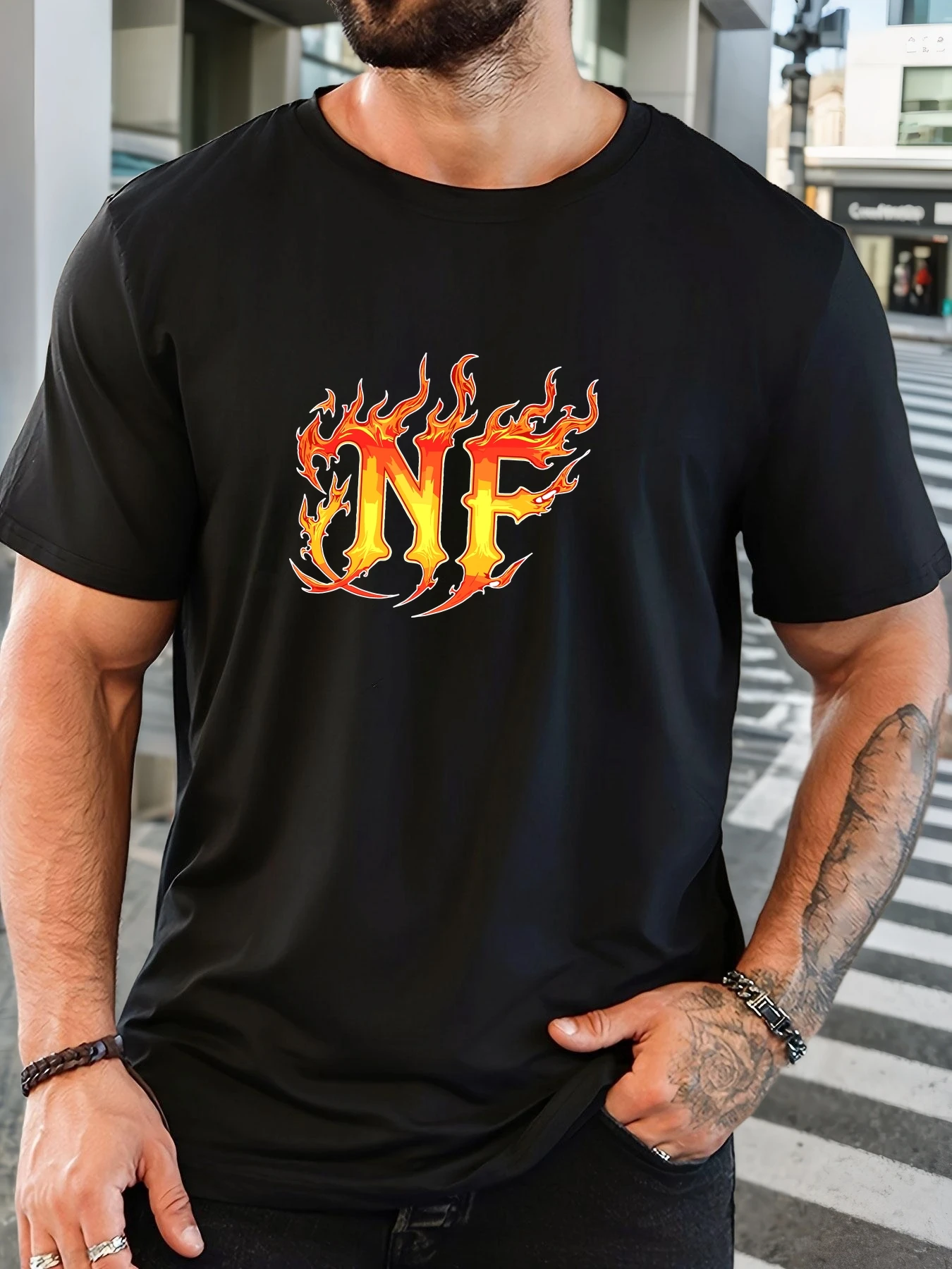 Men Black Crew Neck Tee Flame Style NF Letter Graphic Hip Hop Streetwear Soft Cotton Male Casual Short Sleeve Daily Tops