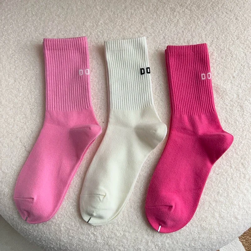 3Pairs Set Women's Pink Mid-Tube Long Socks Cotton Bottomed Letter Print Sports Stockings for Spring Autumn Wear