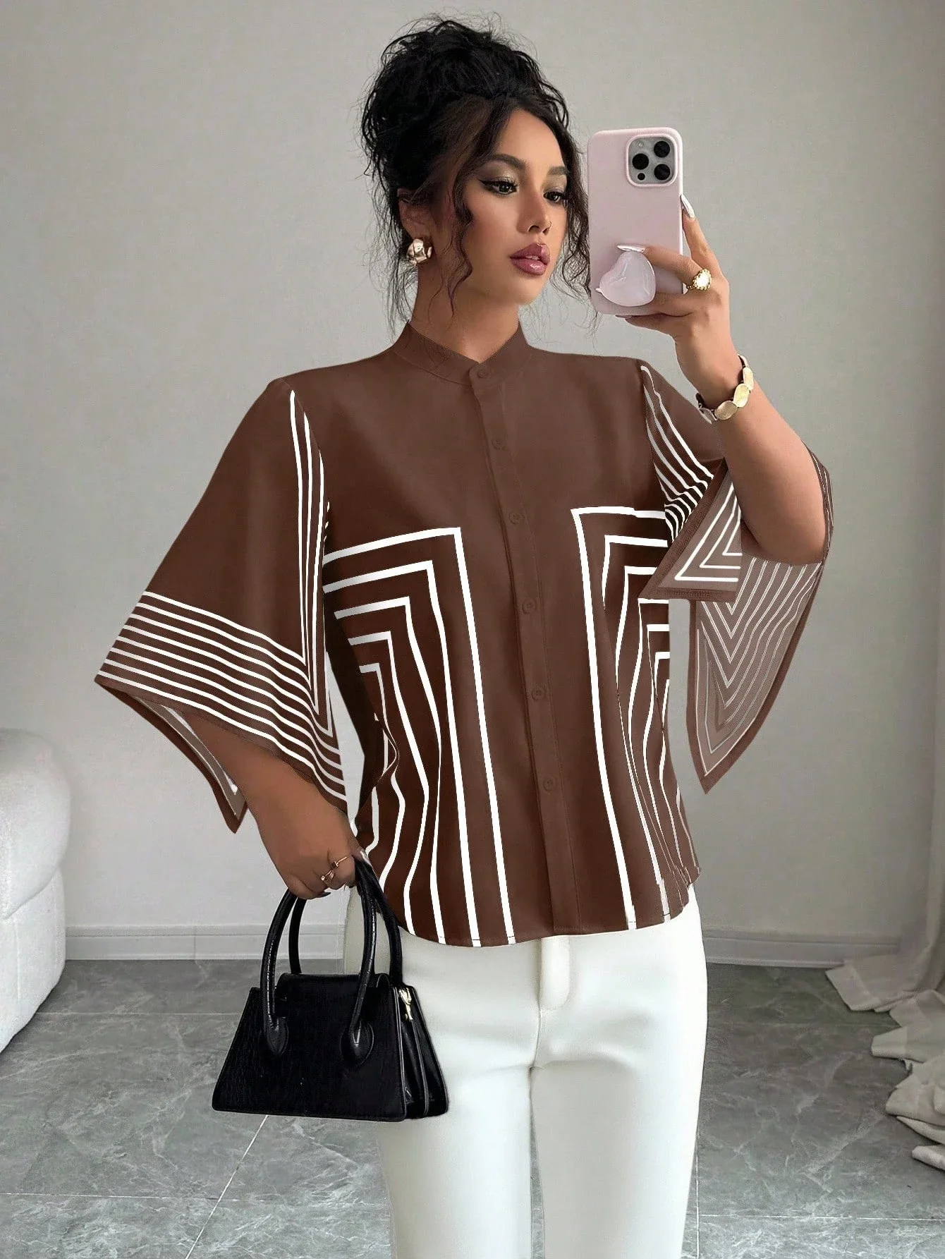 

Stand Collar Geometric Lines Pattern Asymmetrical Sleeve Blouse Spring Summer Resort Elegant