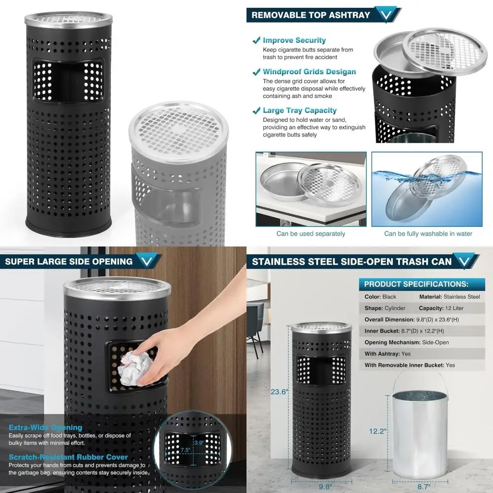 

Stainless Steel Commercial Trash Can with Lid, Outdoor Indoor Metal Waste Receptacle for Business Use