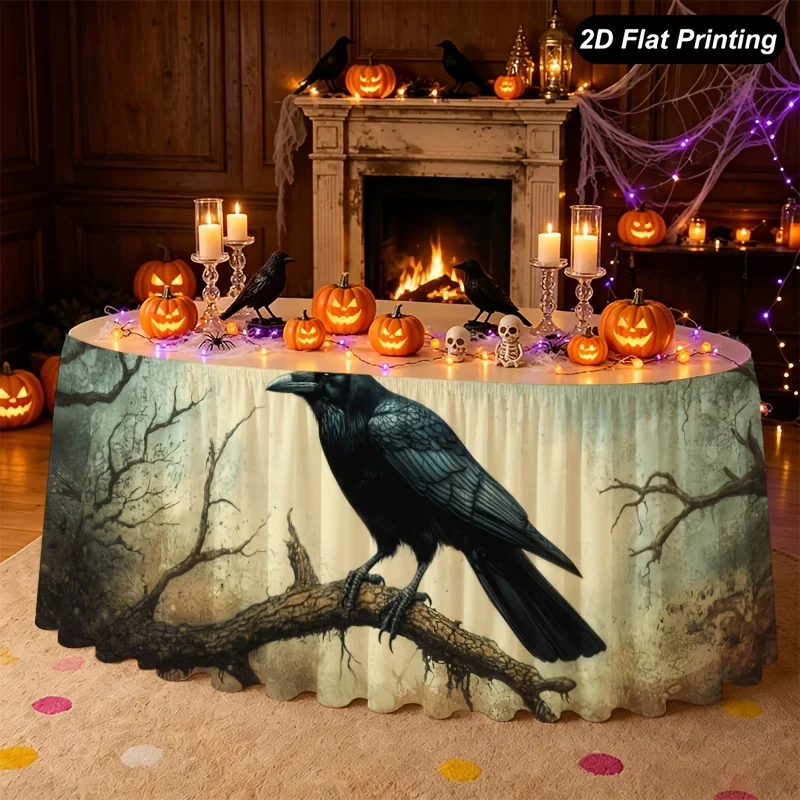 Halloween table skirt, black ravens perched on ancient tree branches in earthy blue tones with a retro style.