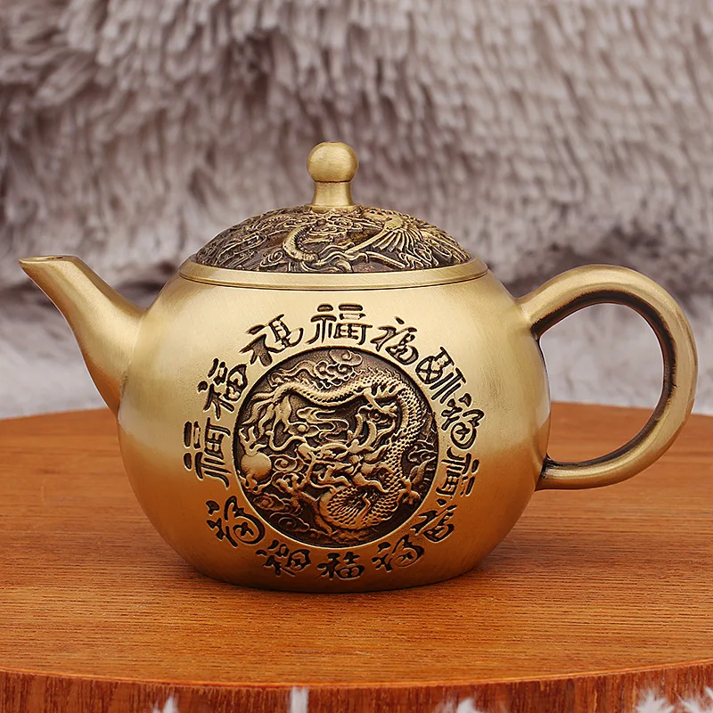 Brass Hundred Blessings Dragon and Phoenix Teapot New Chinese Style Home Tea Set Tea Ceremony