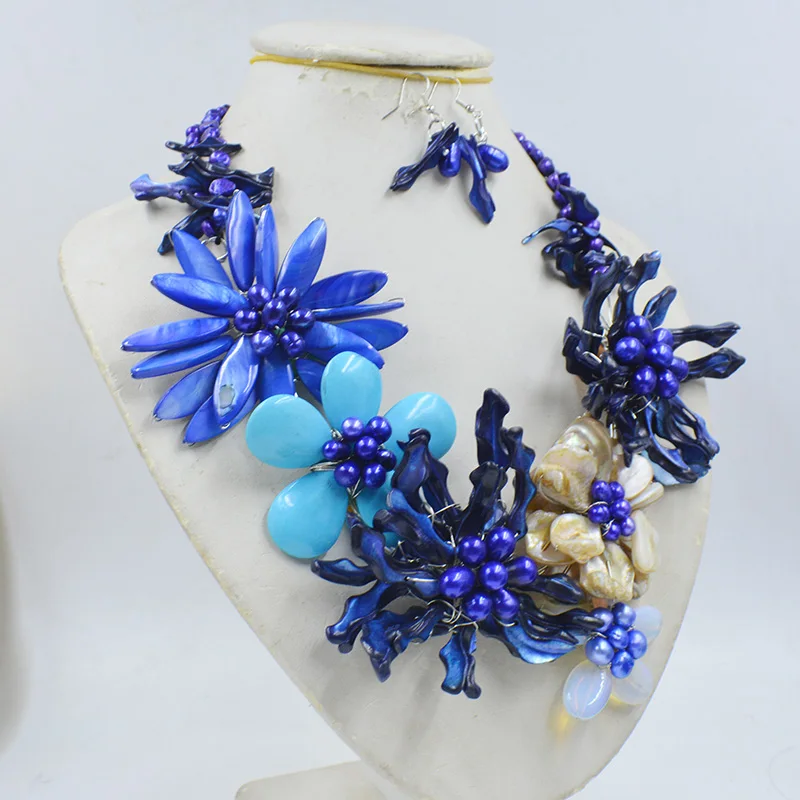 Exquisite, charming Wedding Jewelry Blue Shell Flower Necklace New Design 20\