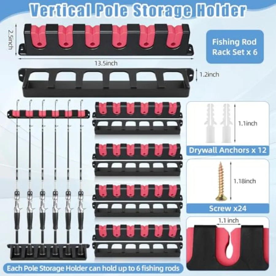 6set Fishing Rod Holders for 18 Garage Fishing Rod Rack Wall Mount Fish Pole Holders for Boat Room Vertical Horizontal Pole Sto view 2