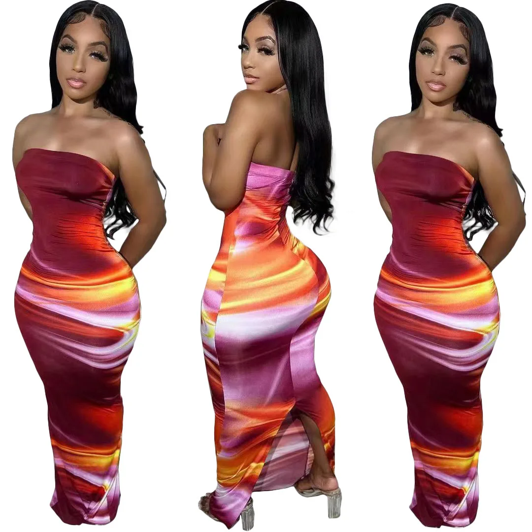 Long Ankle-length Sexy Off-the-shoulder Tube Top Positioning Print Split-ended Dress 2026 Spring And Summer New Temperament