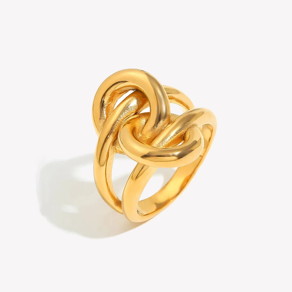 E.B.belle New Design Double Layers Geometric Knot Ring 18K Gold Plated Stainless Steel Daily Life Trendy Women Jewelry