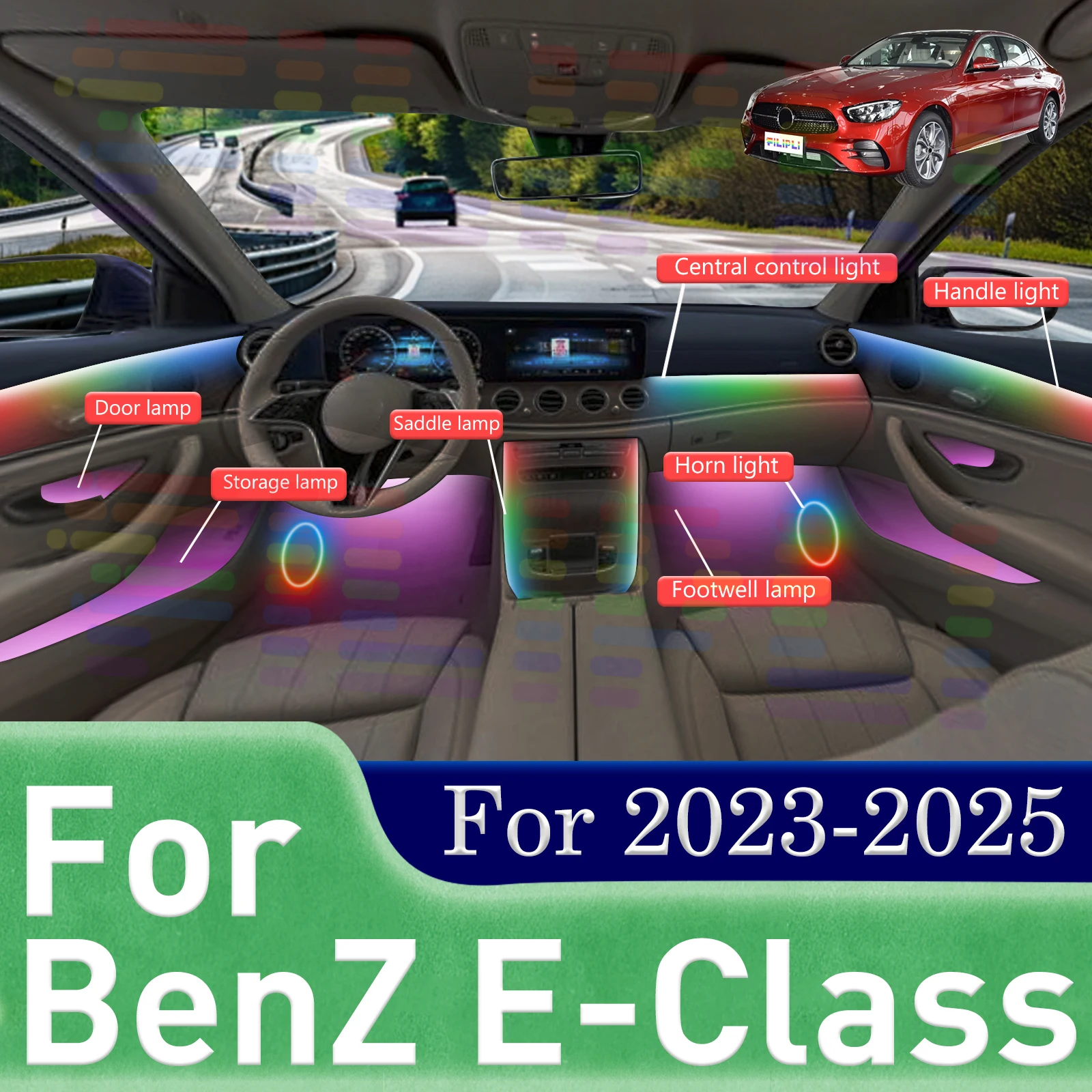For Benz CLS-Class E260L 4MATIC E300L Sleek Concealed 64-Color LED Car Interior Ambient Lighting Strips, Acrylic Build