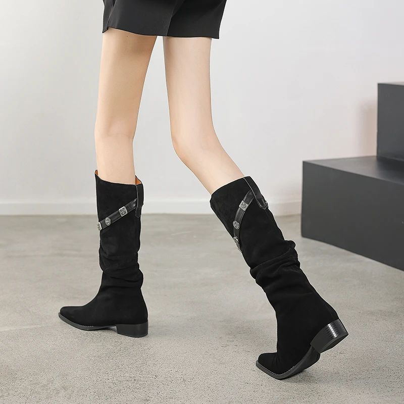 Autumn Women Boots Solid Cow Suede Pleated Boots Winter Women Shoes Elegant Long Knee-high Boots Genuine Leather Chelsea image 3