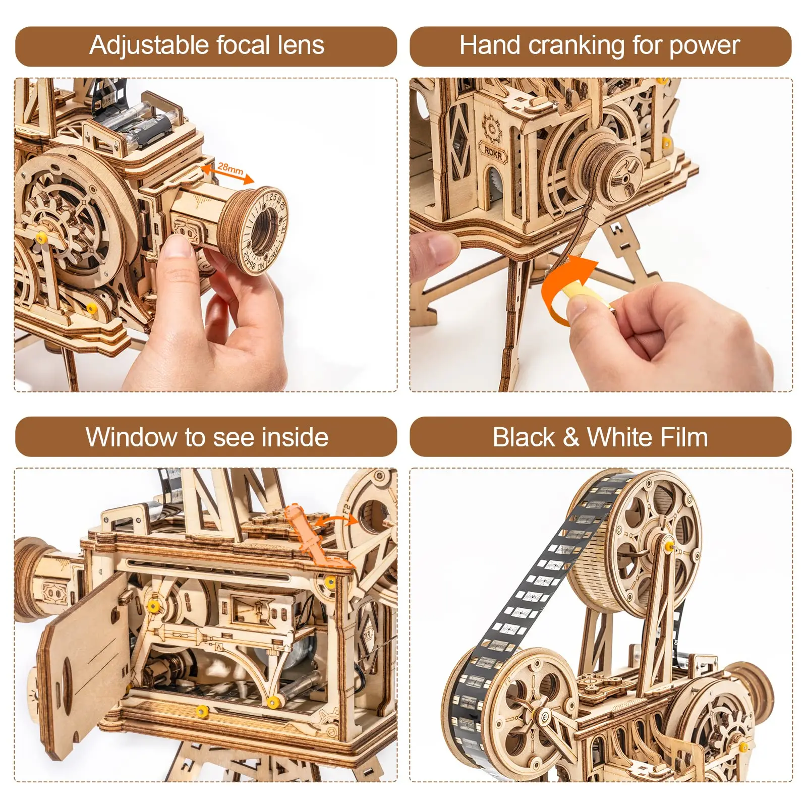 Robotime 183pcs Retro Diy 3D Hand Crank Film Projector Wooden Model Building Kits Assembly Vitascope Toy Gift for Children Adult