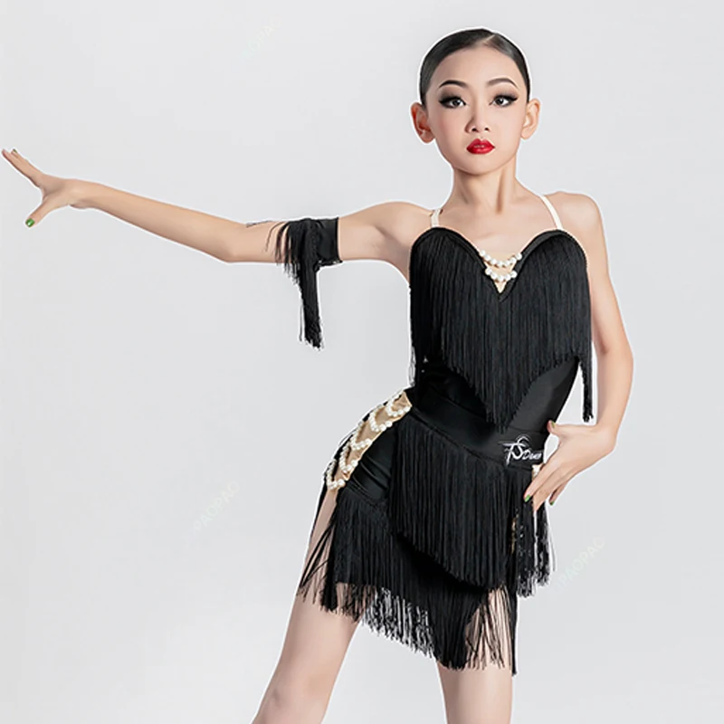 New Girls\' Latin Dance Dress Summer Children Latin Practice Wear Black Fringe Dress Competition Suit Samba Cha Cha Costume