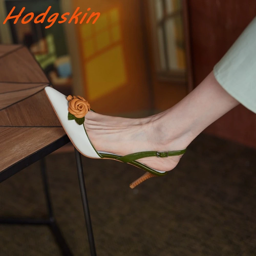 

retro mixed colors women's pumps flower pointed toe slingback shallow slip on stiletto heels autumn spring party genuine leather