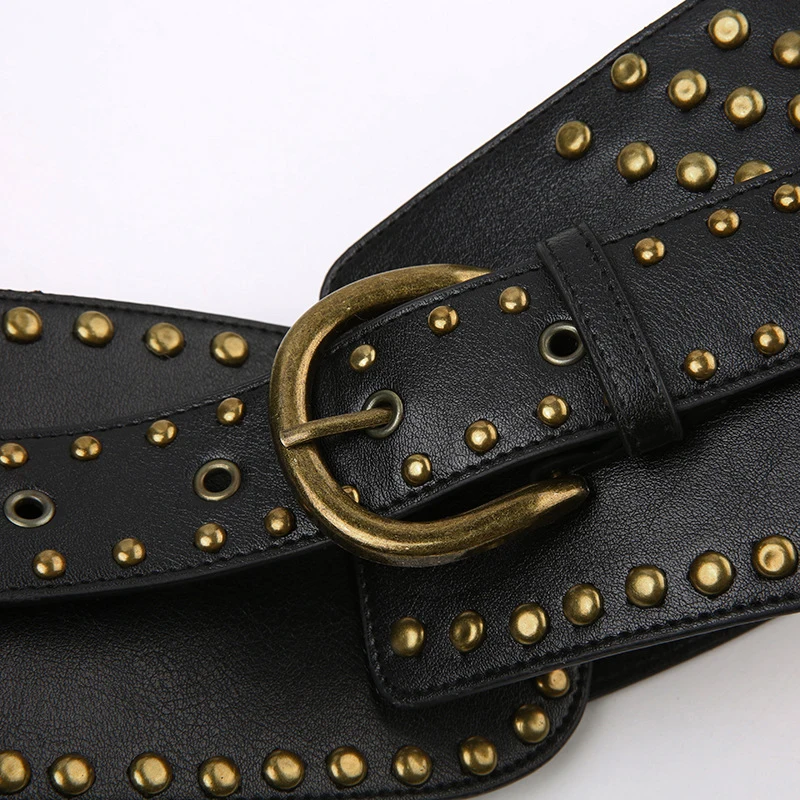 Y2K Rivet Studded Belt Vintage Punk Asymmetric Dress Belts For Women Waist Big Stretch Cummerbunds Female Waist Black Corset