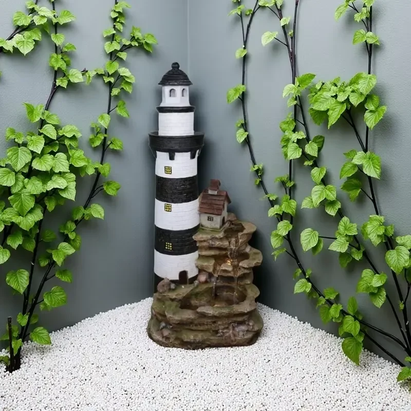 Beautiful LED Light-Filled Resin Lighthouse Waterfall Outdoor Fiberglass Garden Ornaments for Lawn Yard Landscaping