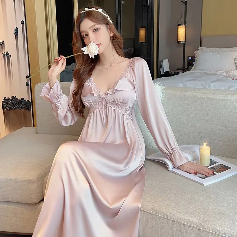 Womens Low Cut V-Neck Hollow Sexy Nightdress Casual Nightgown Comfortable Lace Solid Pajamas Female Spring Autumn Home Clothing