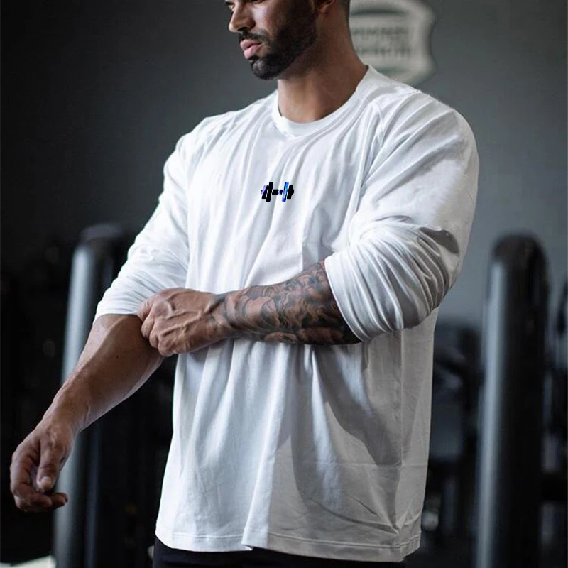 Dumbbells Oversized Long Sleeve T-shirts Mens Spring Autumn Fitness T Shirts Streetwear Loose Casual Gym Clothing Workout Tops