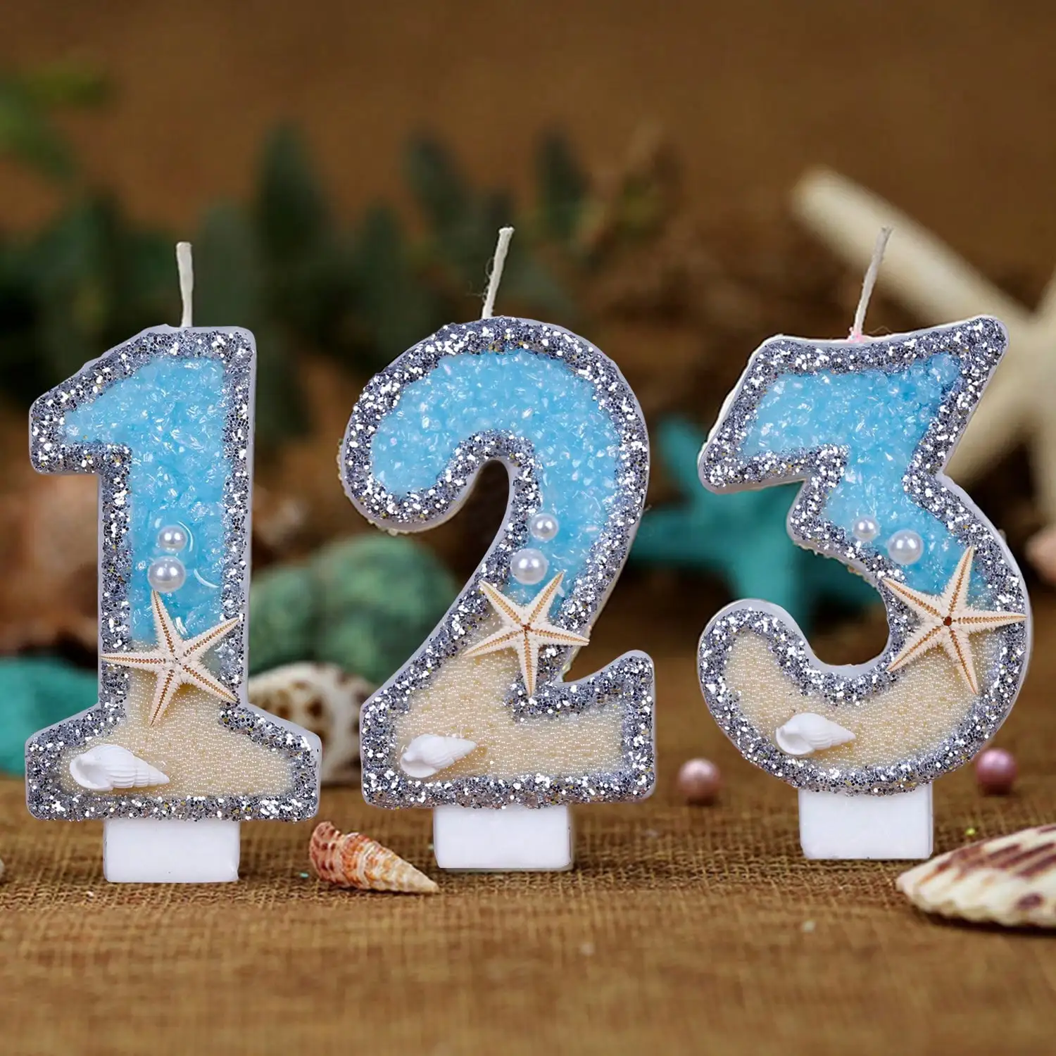0-9 Digitale Glitzer Kerze Kuchen Topper Sommer Strand Seestern Geburtstag Kuchen Dekoration Kerzen Ozean Themen Party Kuchen Dekoration