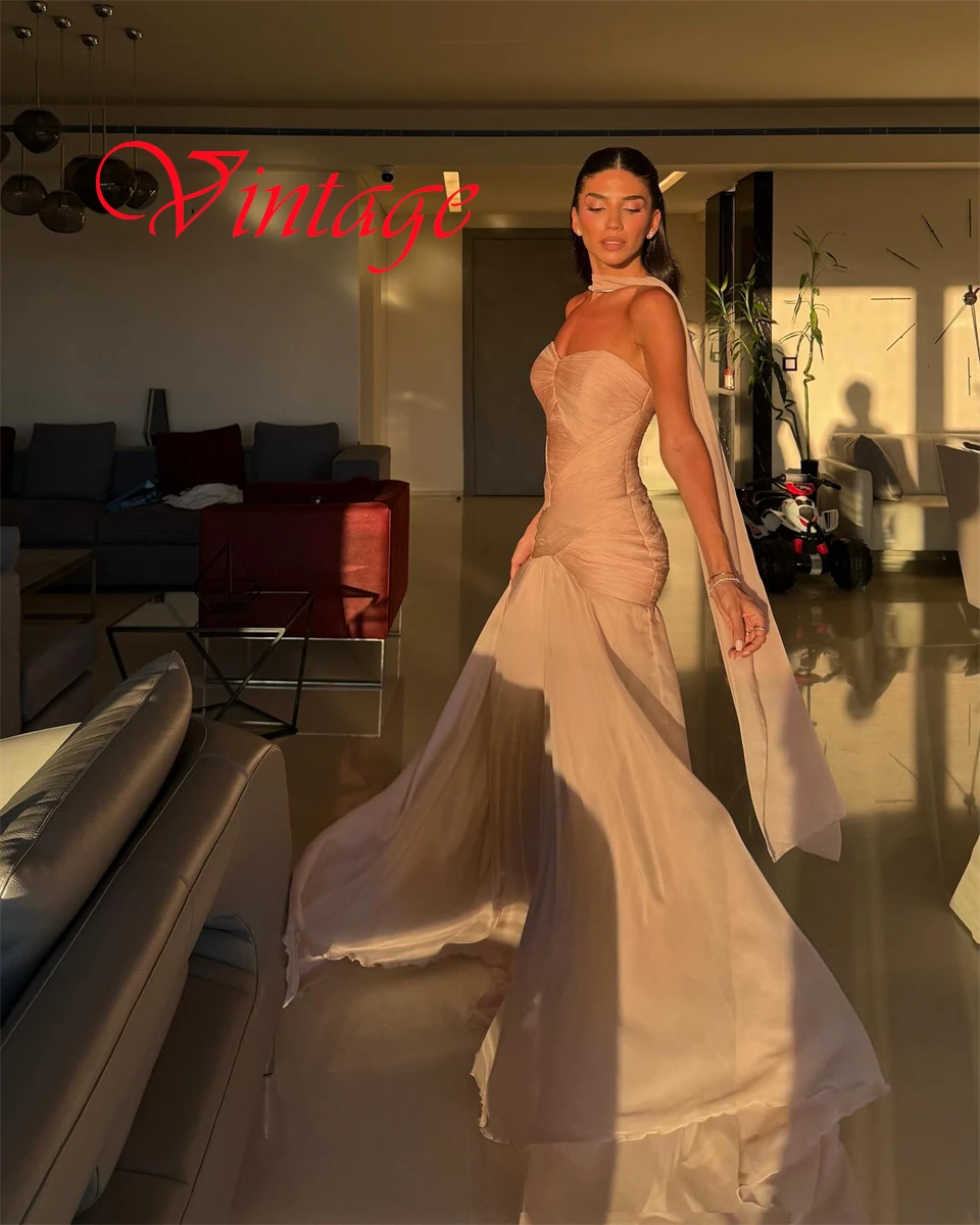 فستان سهرة كلاسيكي مخصص من الشيفون الشامبانيا عالي الجودة بدون حمالات بدون أكمام وسحاب خلفي حورية البحر فساتين مناسبة خاصة