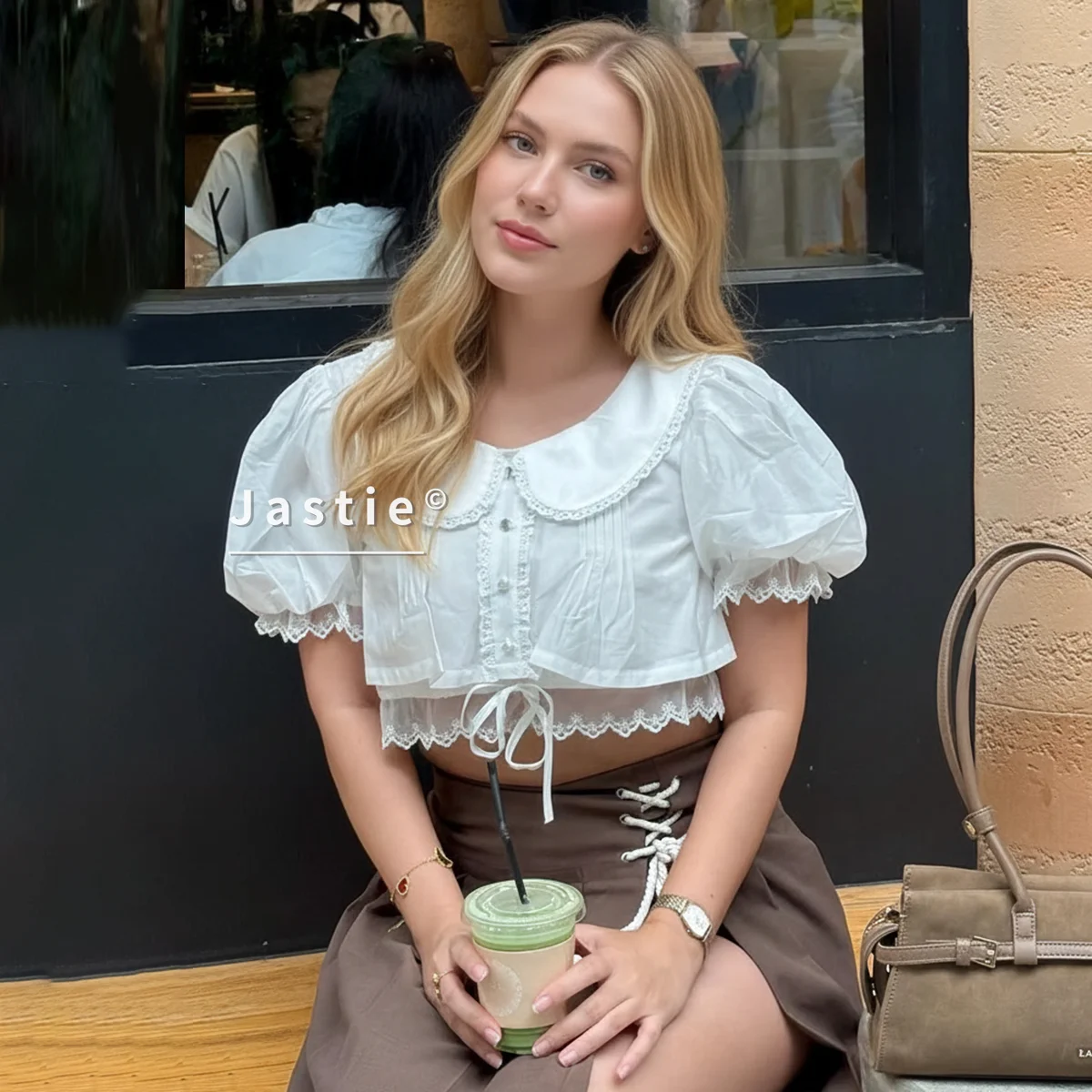 

Белая укороченная блузка с короткими рукавами, кружевная отделка, лацканы, пышные рукава, рубашки на пуговицах спереди, женские повседневные милые стильные наряды, топы