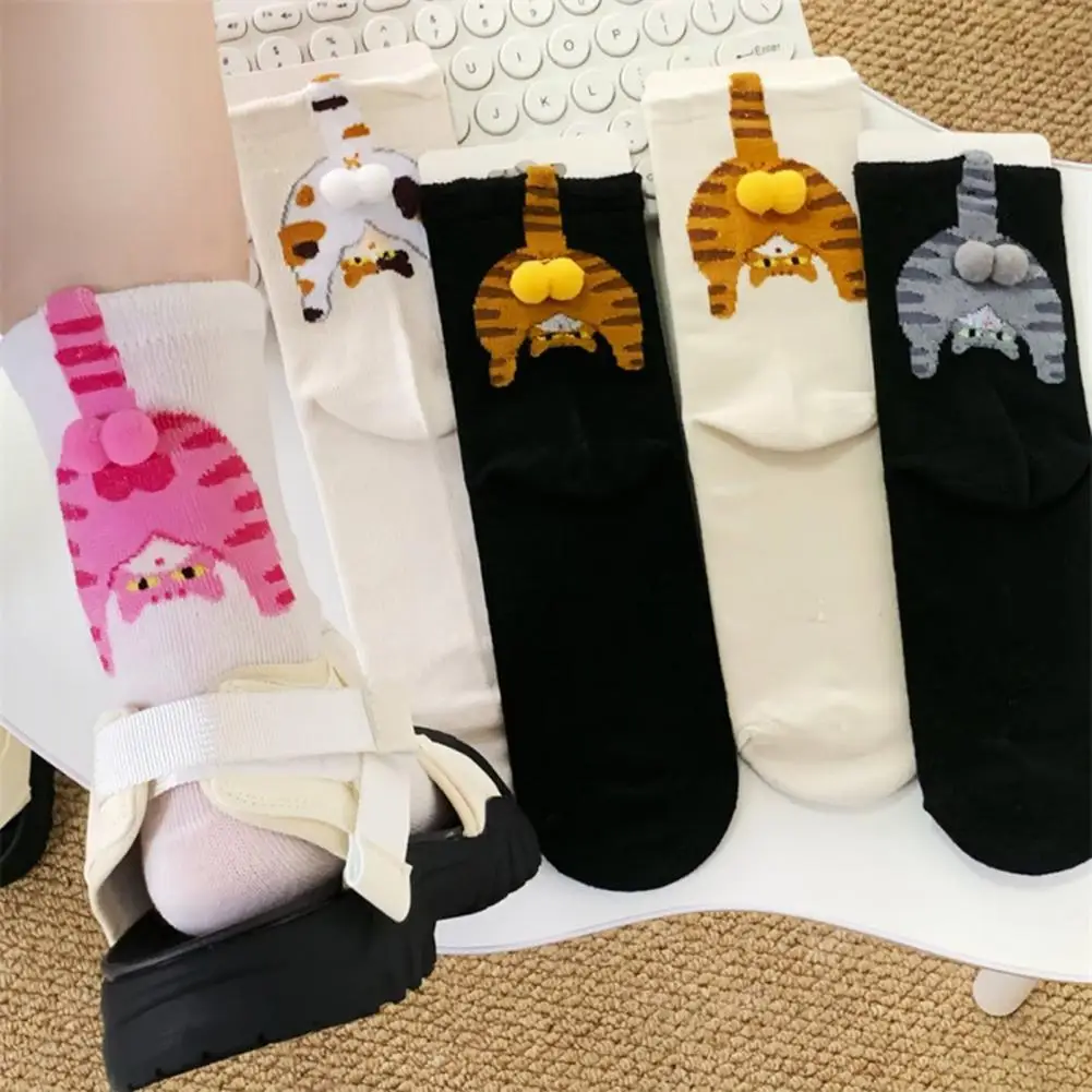 Women Cat Socks Funny Cat Lover's Crew Socks with 3d Fuzzy Balls Soft Cotton Novelty Animal Socks for Women Cute for Christmas
