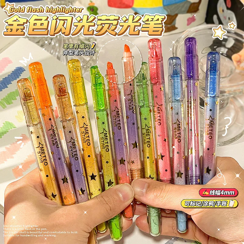 4PCS Gold Flash Highlighter High Value Eye Protection Student Handbook Pen Marking Painting Marker Highlighter Highlighter Pen