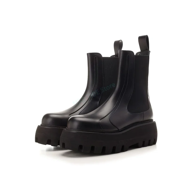 Brand Men Casual Shoes Genuine Leather Slip On High Top Ankle Shoes Luxury Designers Black Gothic Flats Platform Men's Boots