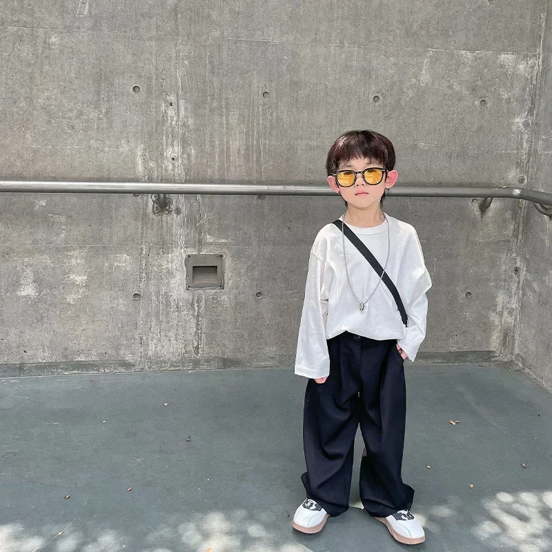 Korean Children\'s Clothing Spring and Autumn 2021 Boys Mop Trousers Loose Children Suit Pants Baby Straight-Leg Pants Fashion