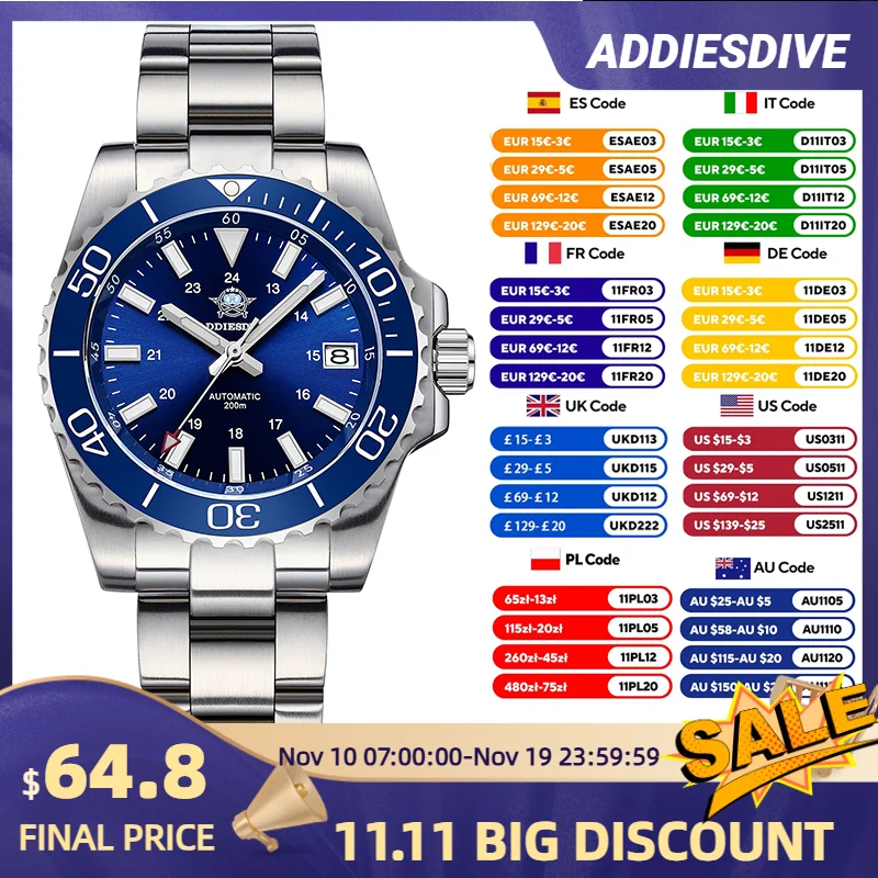 

ADDIESDIVE Men's Diver's Watch 200m Sapphire Luminous Ceramic Bezel Men's Analog Mechanical Watch Stainless Steel Diving Watches
