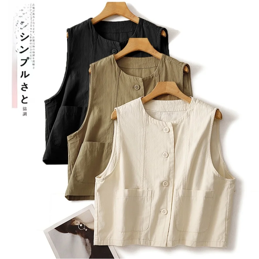 

Japanese Style Loose Women's Short Sleeveless Jacket Vest Top Layering Outerwear Cotton Retro Style round Neck Open Cardigan