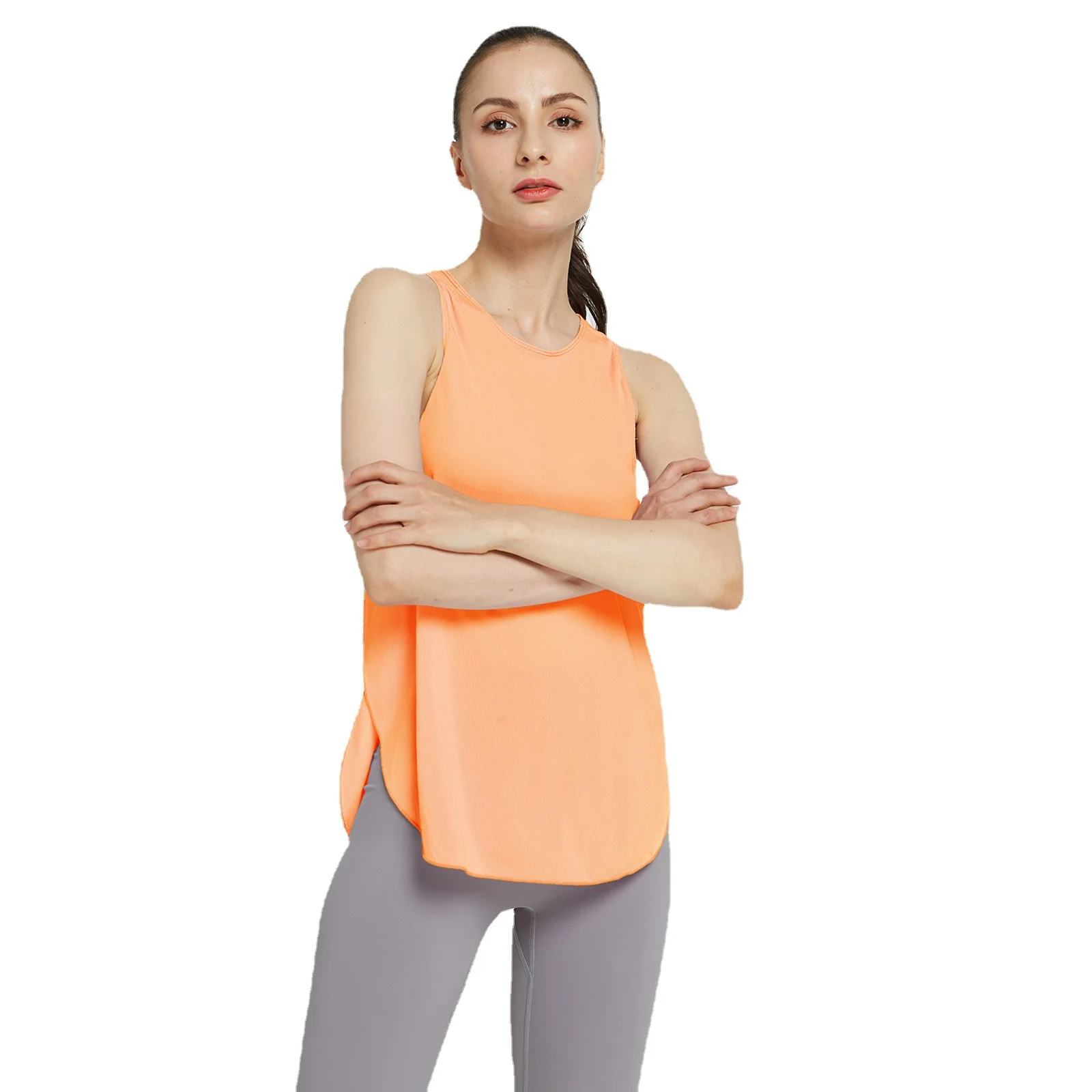 Summer Gym Yoga Pilates Tank Crop Top Women Sport T-shirts Undershirt Traning Split Solid Loose Outfit Running Workout Clothing