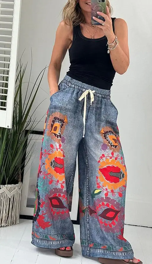 Autumn American Retro Imitation Denim Pants Elegant Fashion Loose High Waist Women\'s Clothing Fashion Pockets Print Pants 2024