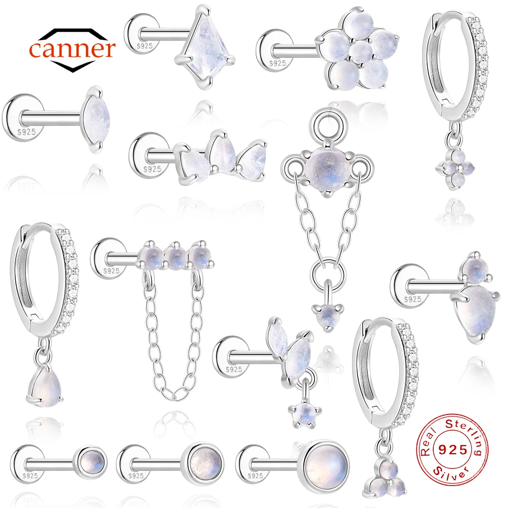 CANNER 1PC Natural Moonstone 925 Sterling Silver Flat Head Thread Puncture Earring Women Flower Horse Eye Piercing Earring New